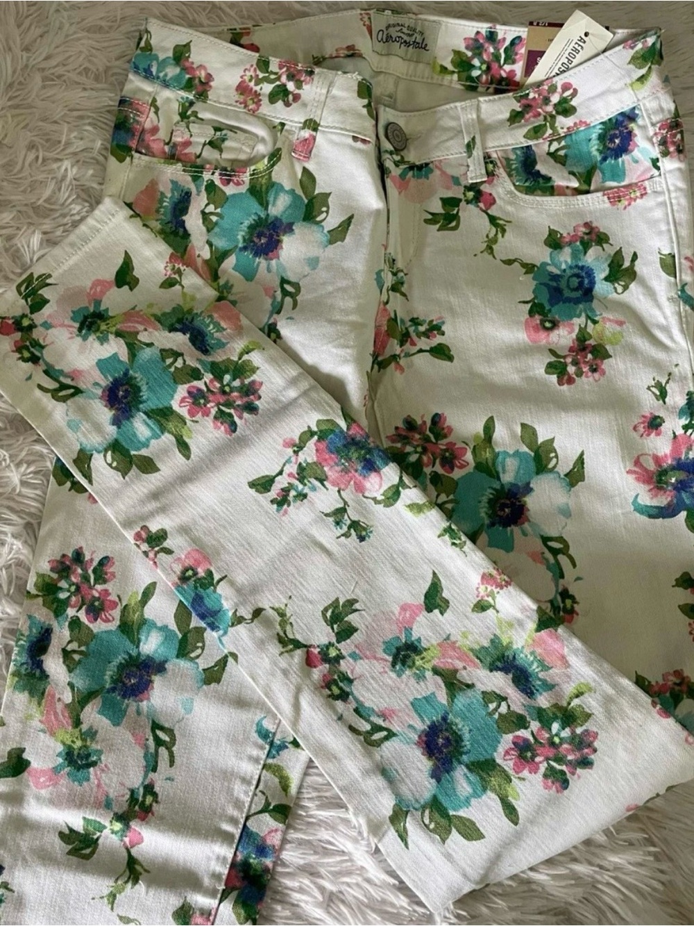 NWT Y2K Juniors Aeropostale ASHLEY ULTRA SKINNY Jeans in White w/ Floral Print
